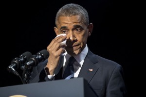 President Barack Obama wipes away tears as he delivers his farewell address at McCormick Place in Chicago