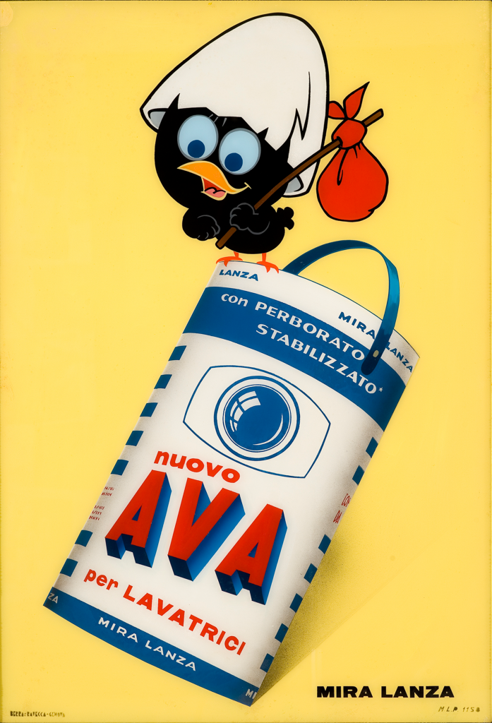Produzione-Pagot-Calimero-pubblicità-per-Ava-Mira-Lanza-1965-vetrofania_-Collezione-Galleria-LIMAGE-Alassio-SV-697x1024