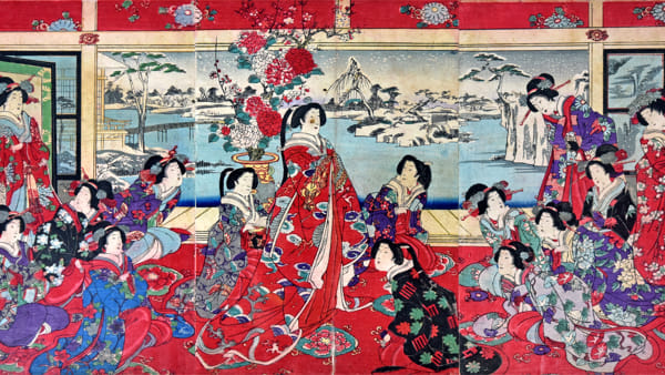 Yoshu Chinkanobu, Passatempi di beltà femminili in un giorno nevoso, trittico di xilografie policrome in formato oban, 35,5x70,5 cm, firmata Il pennello di Yoshu Chikanobu, 1838-1912-3-2